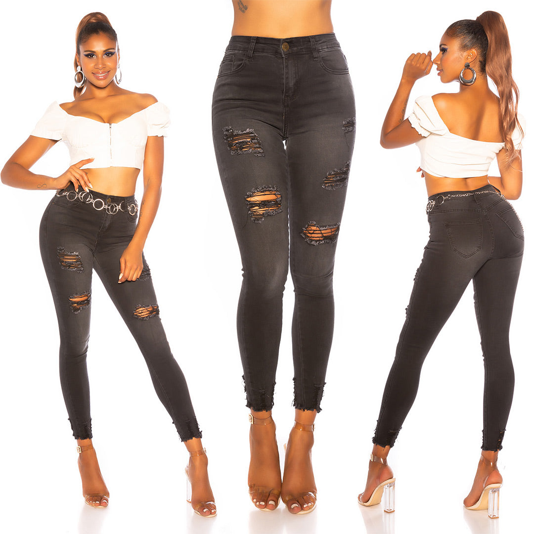 Seksowne jeansy skinny z wysokim stanem i przetarciami