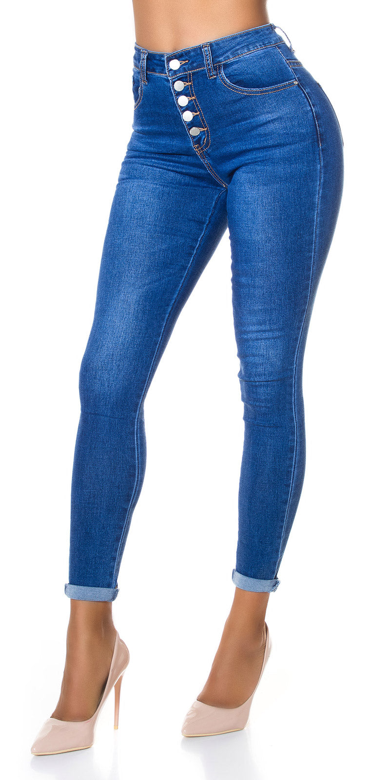 Modne jeansy skinny z wysokim stanem i 5 guzikami