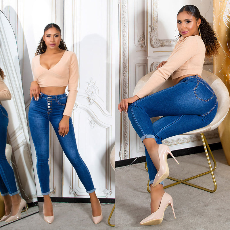 Modne jeansy skinny z wysokim stanem i 5 guzikami
