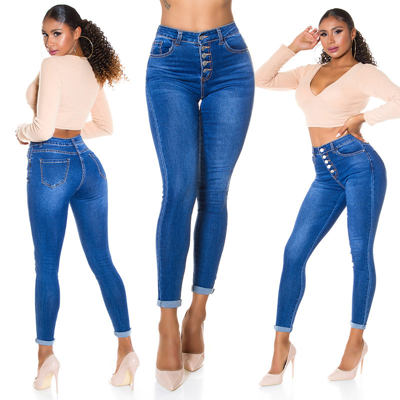Modne jeansy skinny z wysokim stanem i 5 guzikami