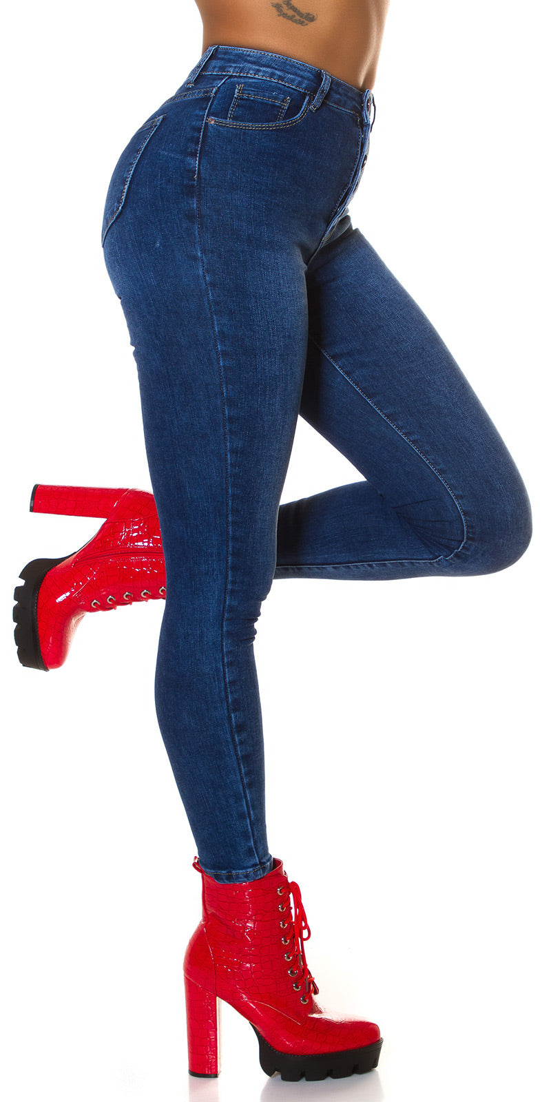Seksowne jeansy skinny z wysokim stanem i 5 guzikami