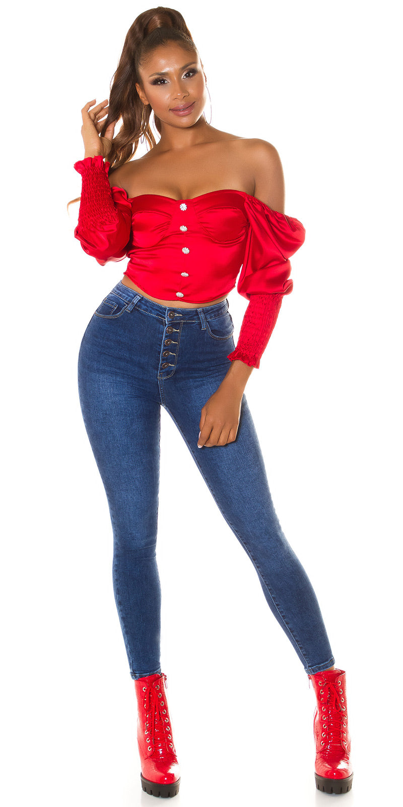 Seksowne jeansy skinny z wysokim stanem i 5 guzikami