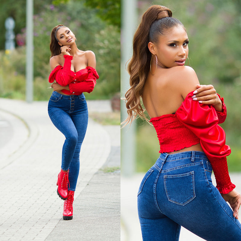 Seksowne jeansy skinny z wysokim stanem i 5 guzikami