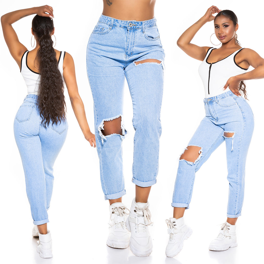 Seksowne jeansy z wysokim stanem Mom Fit Ripped Jeans