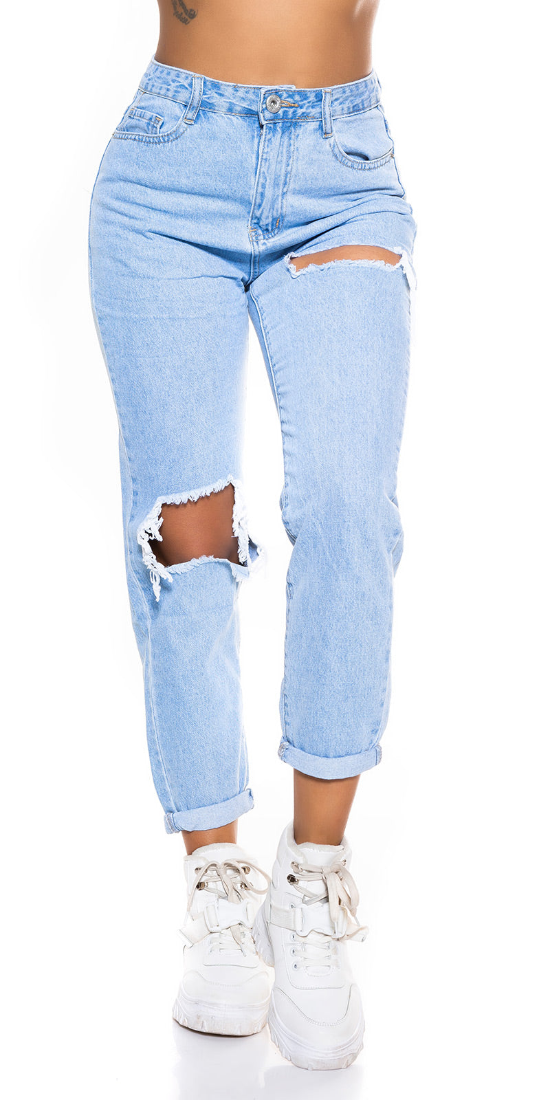 Seksowne jeansy z wysokim stanem Mom Fit Ripped Jeans