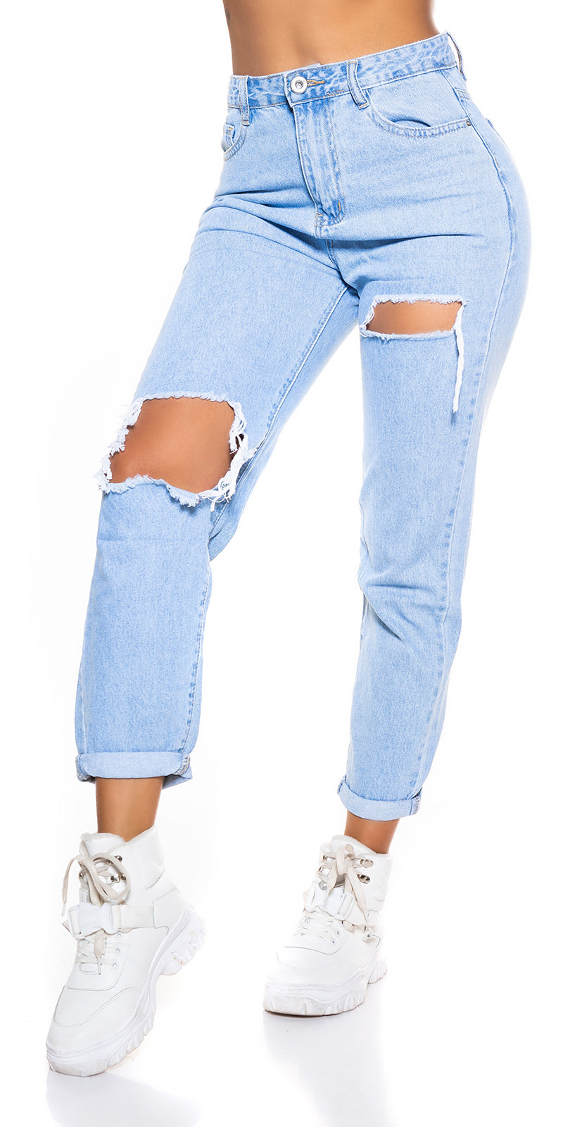 Seksowne jeansy z wysokim stanem Mom Fit Ripped Jeans