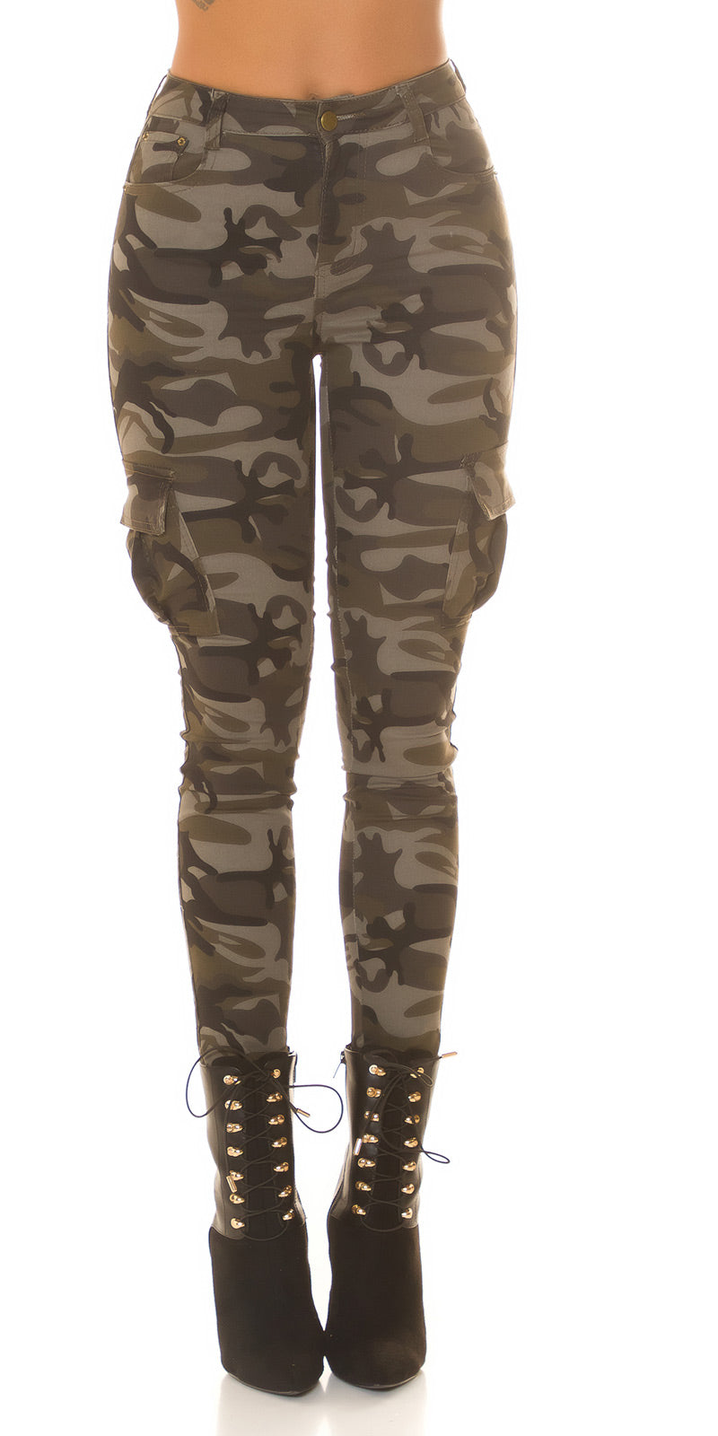 Seksowne jeansy Cargo Skinny z wysokim stanem w wojskowym stylu