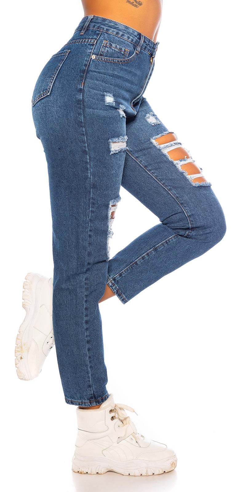 Seksowne jeansy z wysokim stanem i rozdarciami MOM FIT