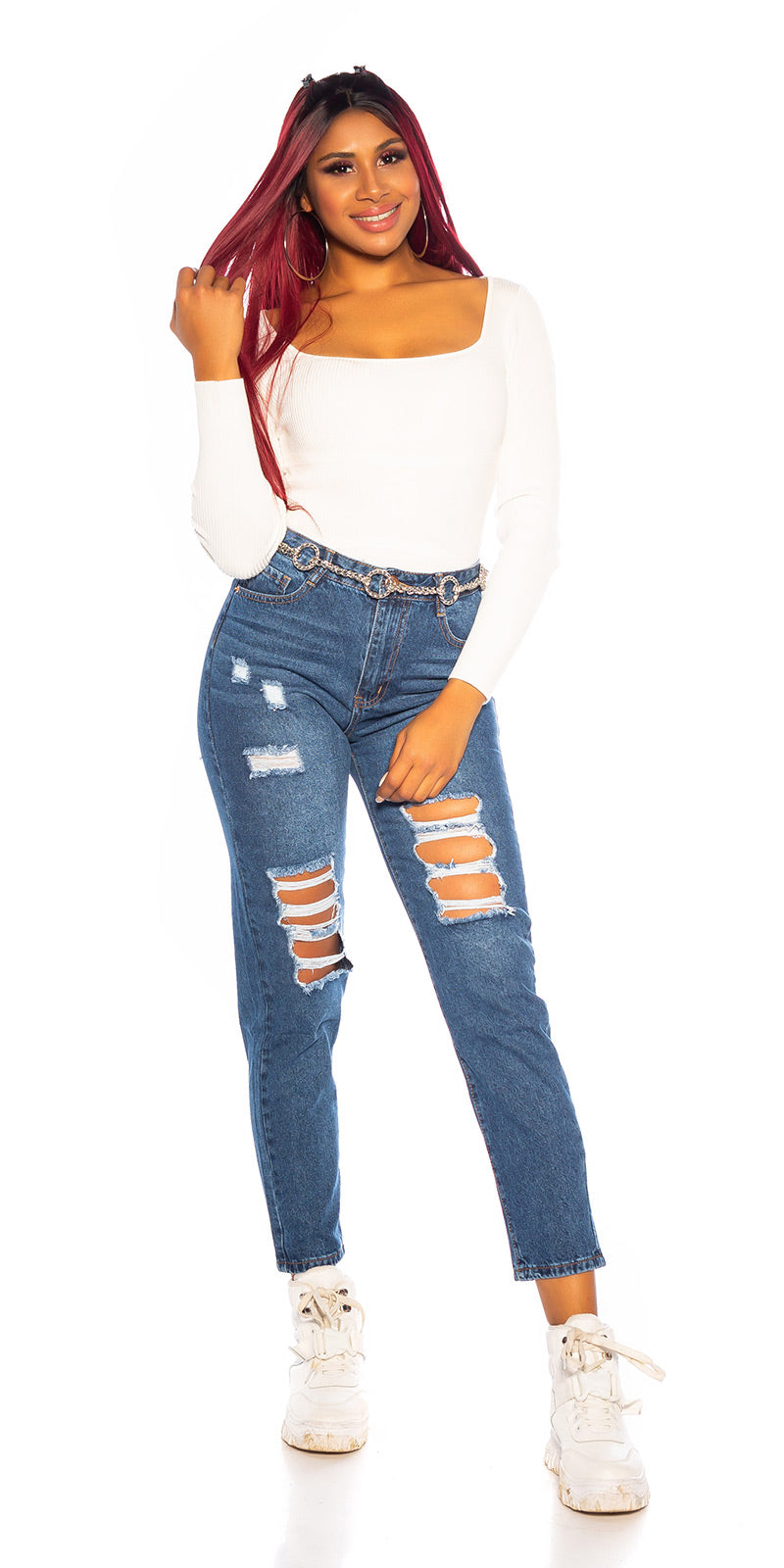 Seksowne jeansy z wysokim stanem i rozdarciami MOM FIT