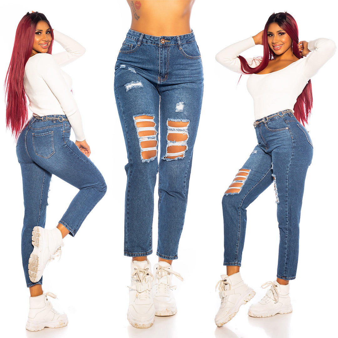 Seksowne jeansy z wysokim stanem i rozdarciami MOM FIT