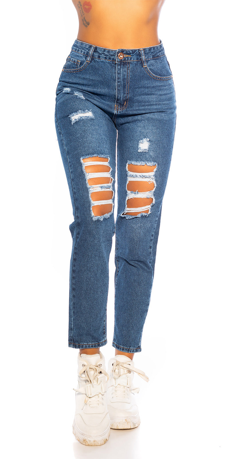Seksowne jeansy z wysokim stanem i rozdarciami MOM FIT