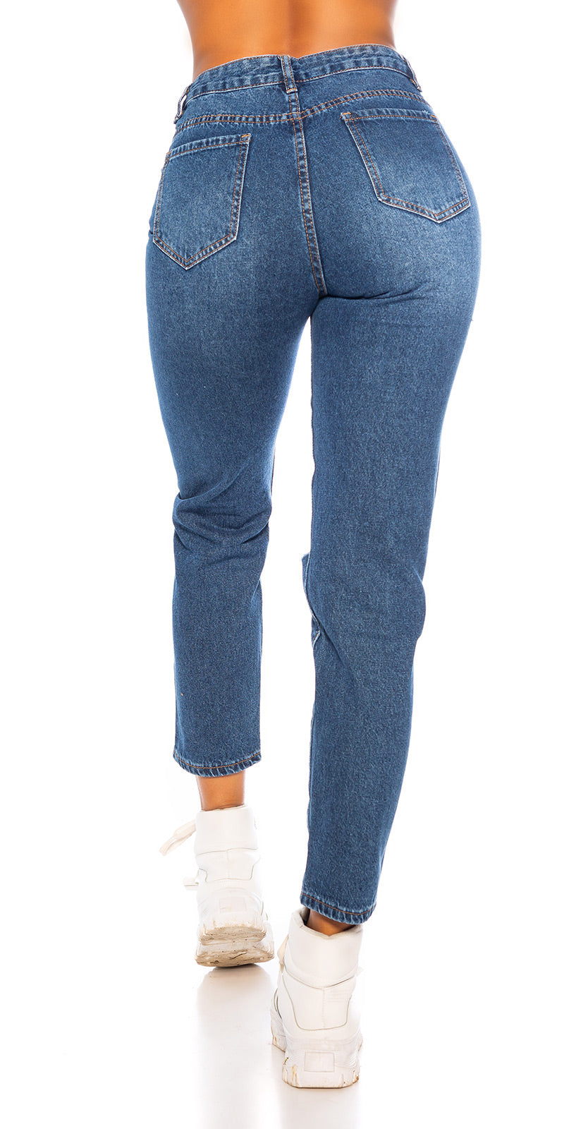 Seksowne jeansy z wysokim stanem i rozdarciami MOM FIT