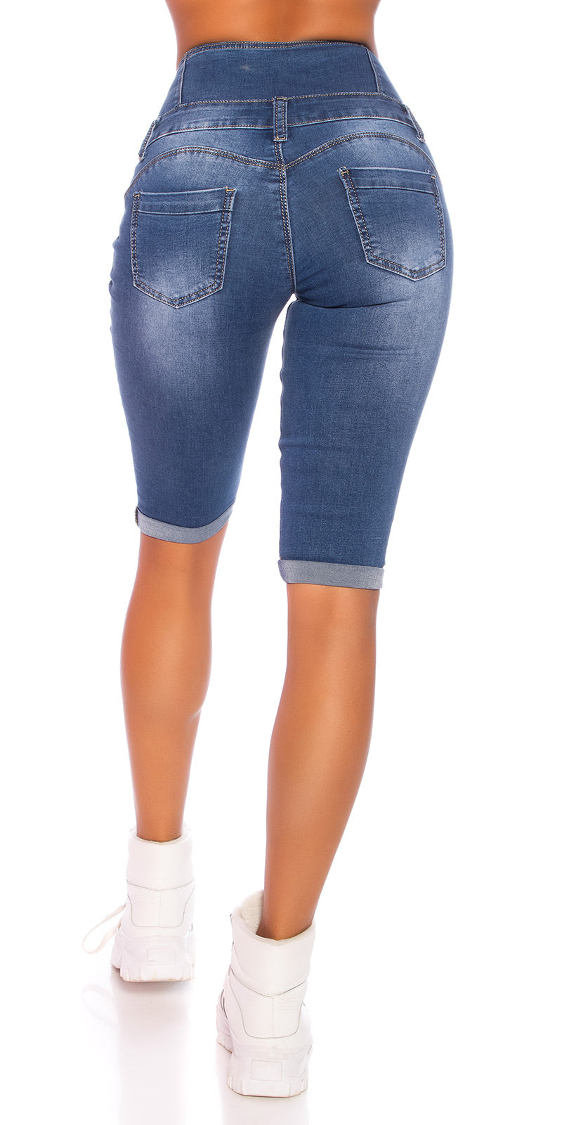 Seksowne jeansy Capri z wysokim stanem i guzikami