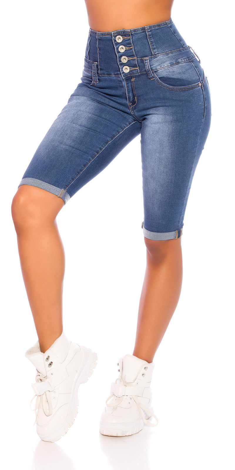Seksowne jeansy Capri z wysokim stanem i guzikami