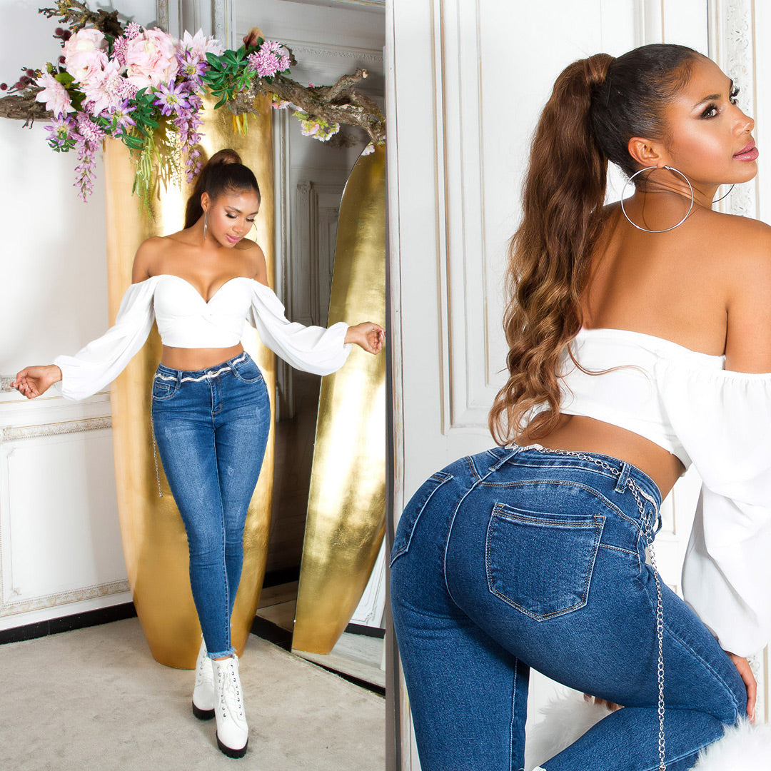 Seksowne jeansy Skinny Shaping Jeans z rozdartym szwem