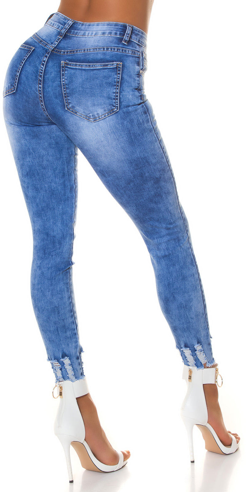 Seksowne jeansy z wysokim stanem i przetarciami Acid Washed Look