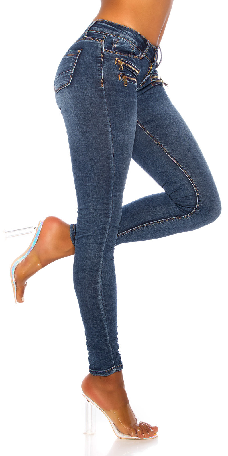Seksowne jeansy skinny z niską talią i zamkiem błyskawicznym