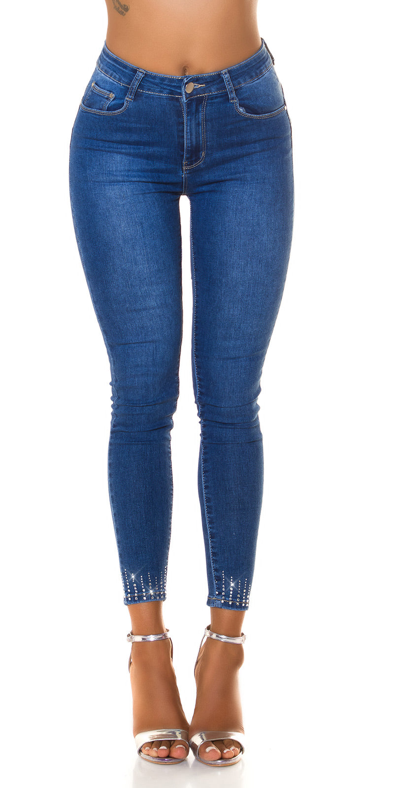 Seksowne jeansy skinny z wysokim stanem i dżetami
