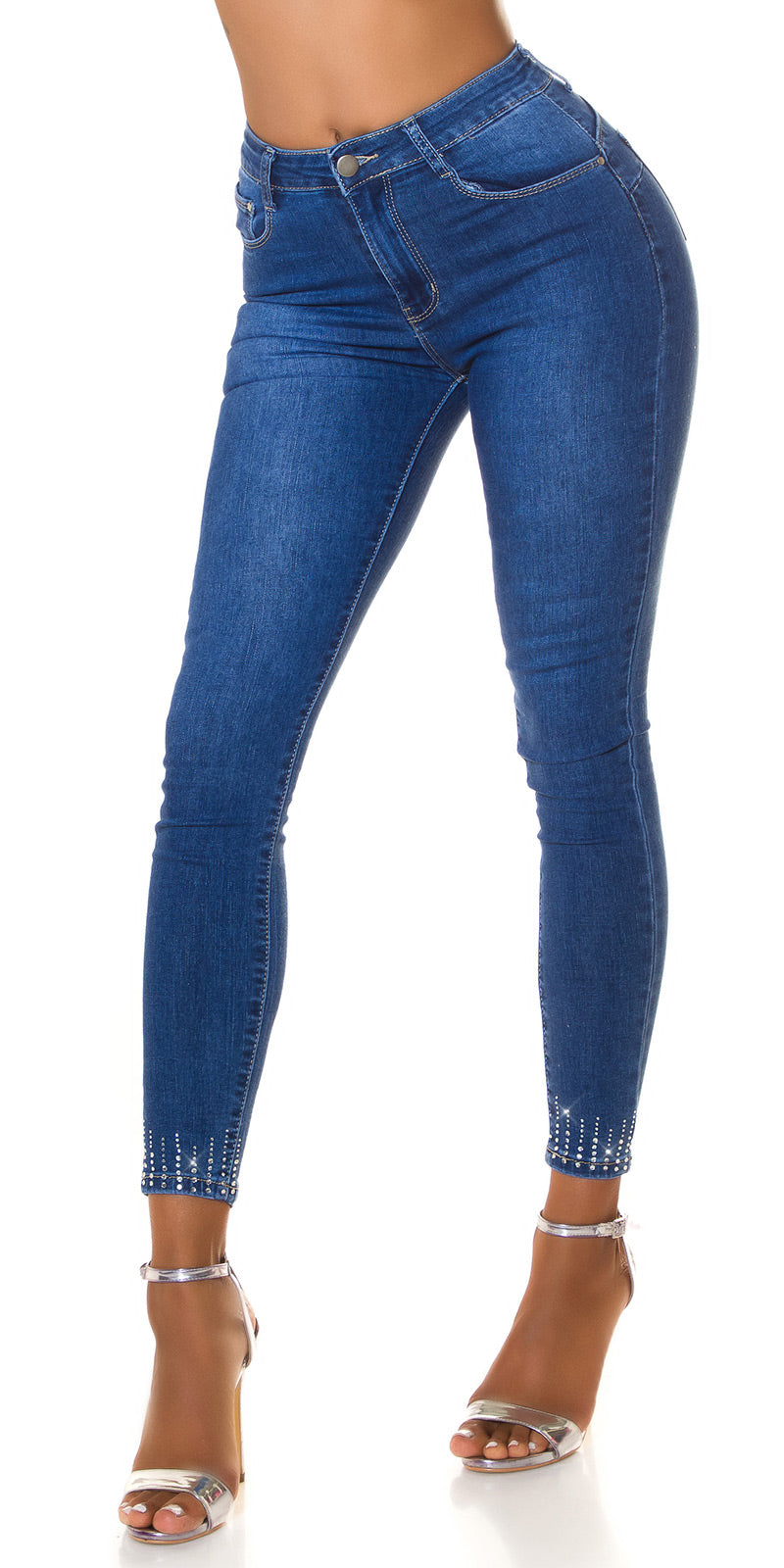 Seksowne jeansy skinny z wysokim stanem i dżetami