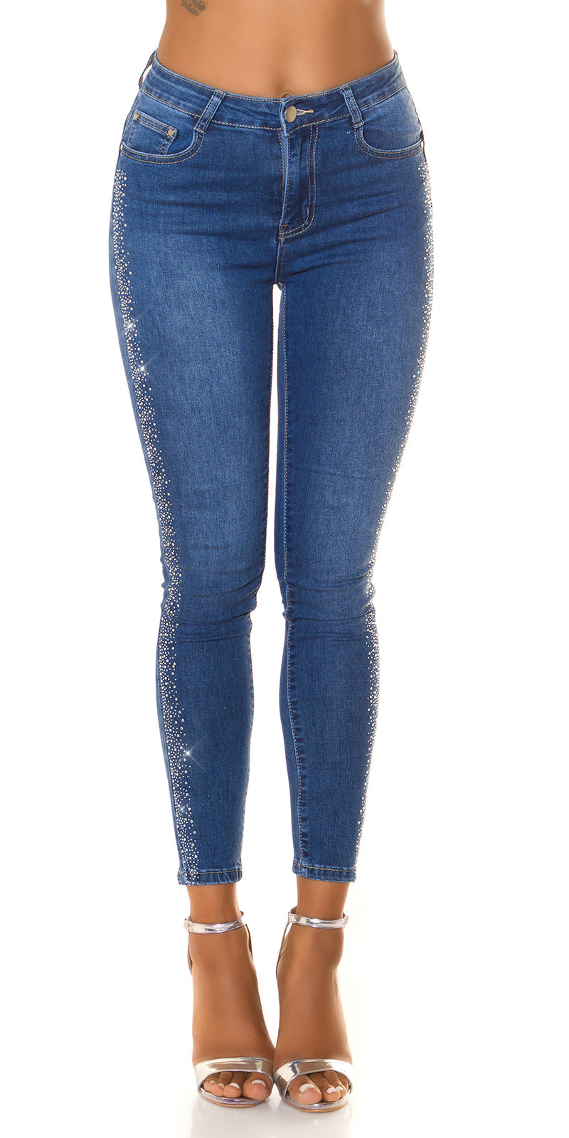 Seksowne jeansy skinny z wysokim stanem i dżetami