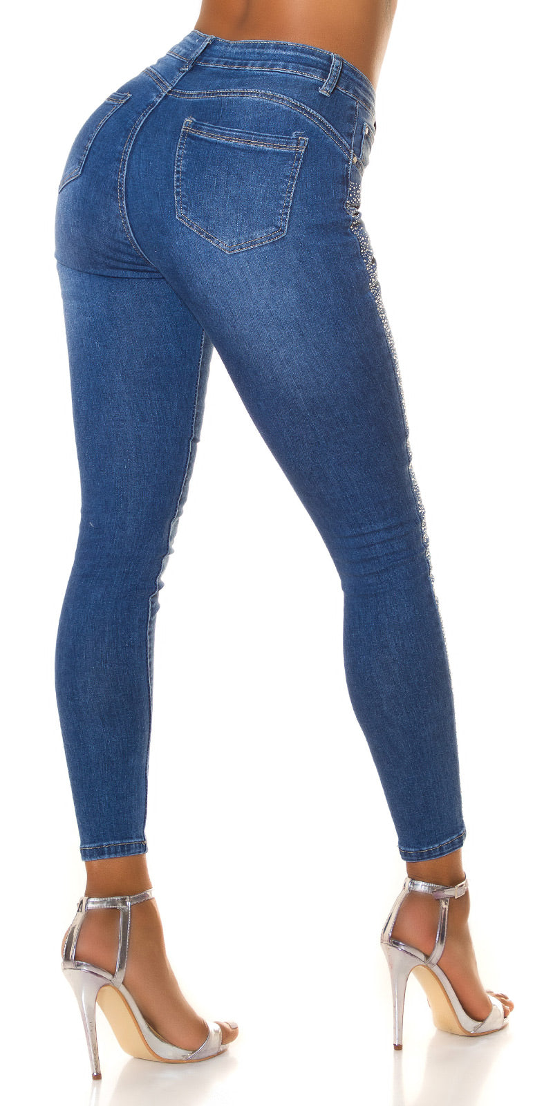 Seksowne jeansy skinny z wysokim stanem i dżetami