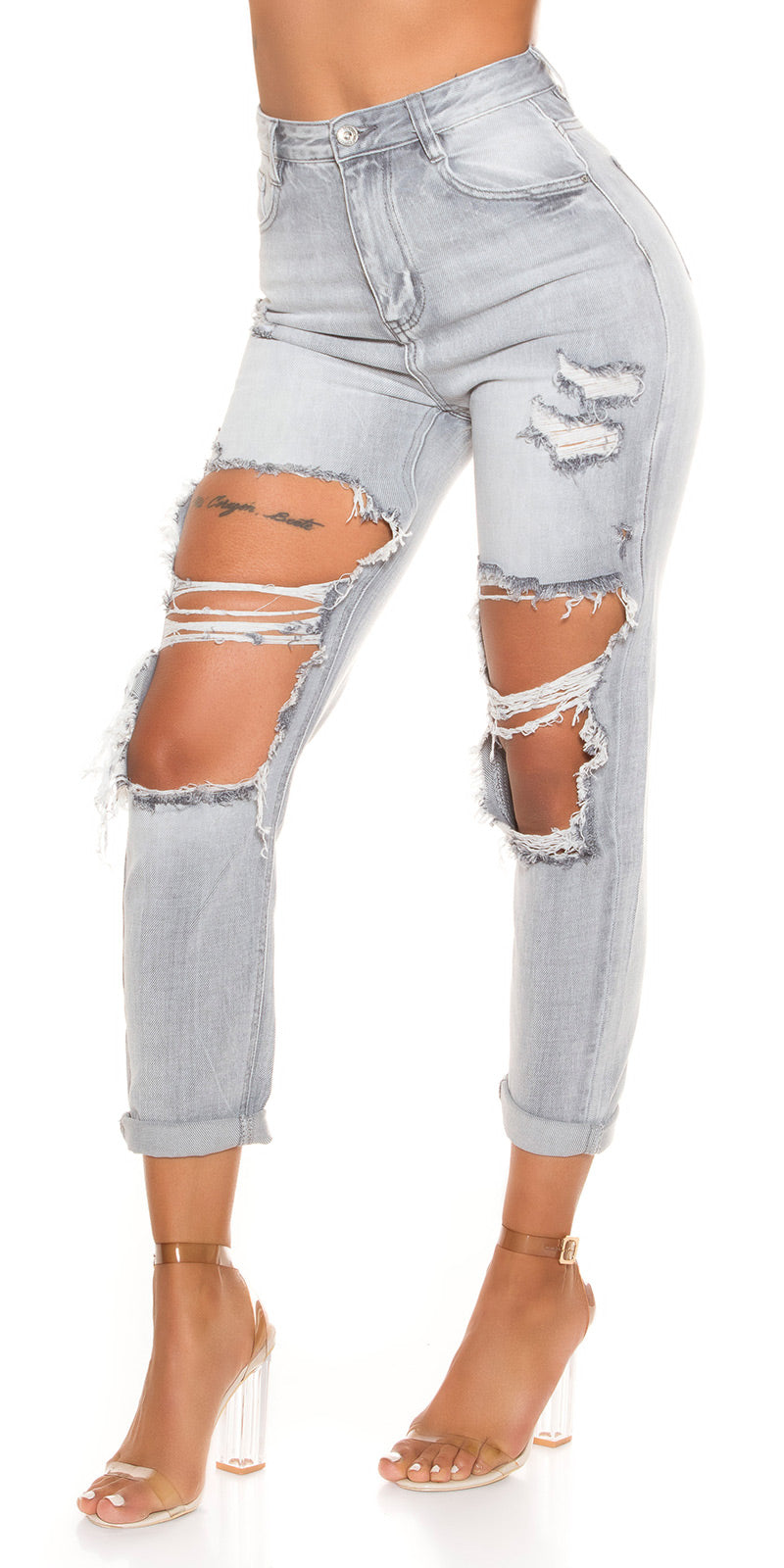 Seksowne jeansy z wysokim stanem Mom Fit Used Look