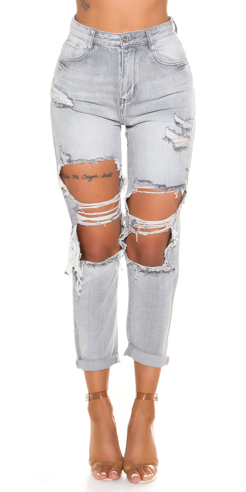 Seksowne jeansy z wysokim stanem Mom Fit Used Look