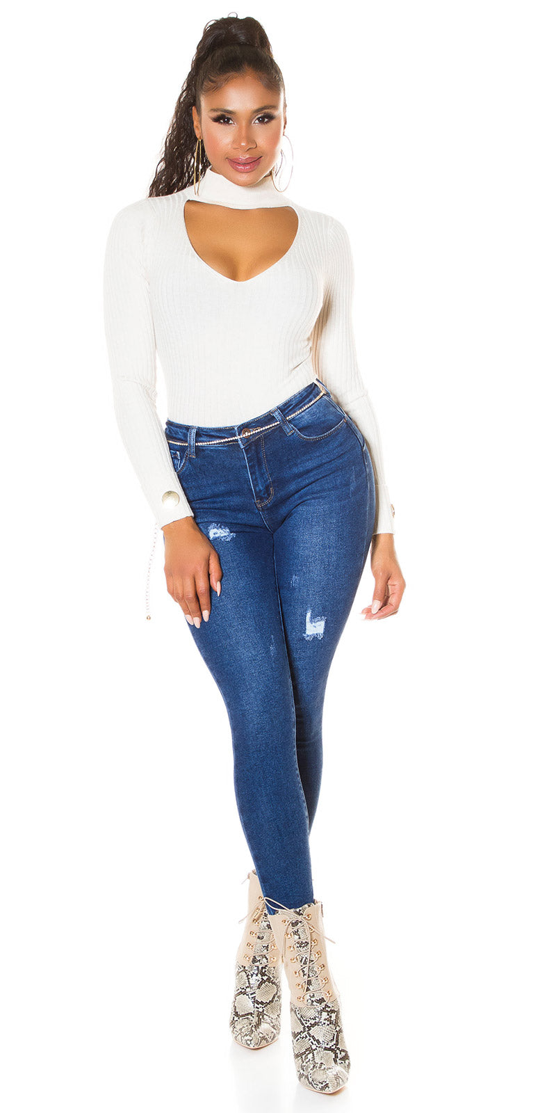 Seksowne jeansy z wysokim stanem w kolorze ciemnego denimu Used-Look
