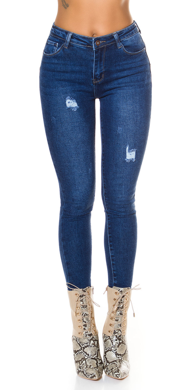 Seksowne jeansy z wysokim stanem w kolorze ciemnego denimu Used-Look