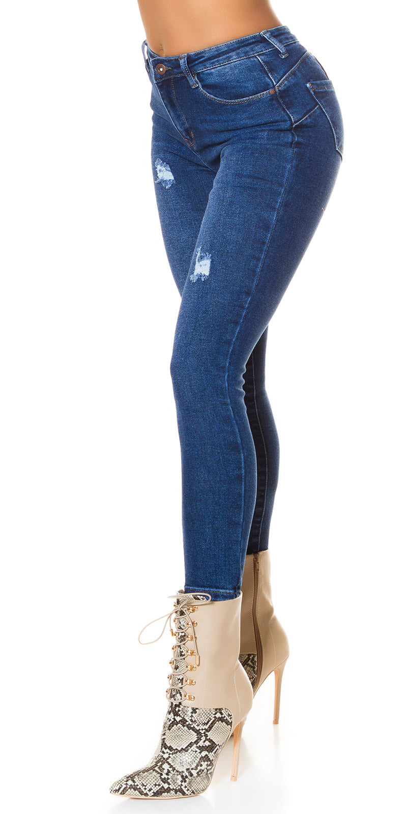 Seksowne jeansy z wysokim stanem w kolorze ciemnego denimu Used-Look