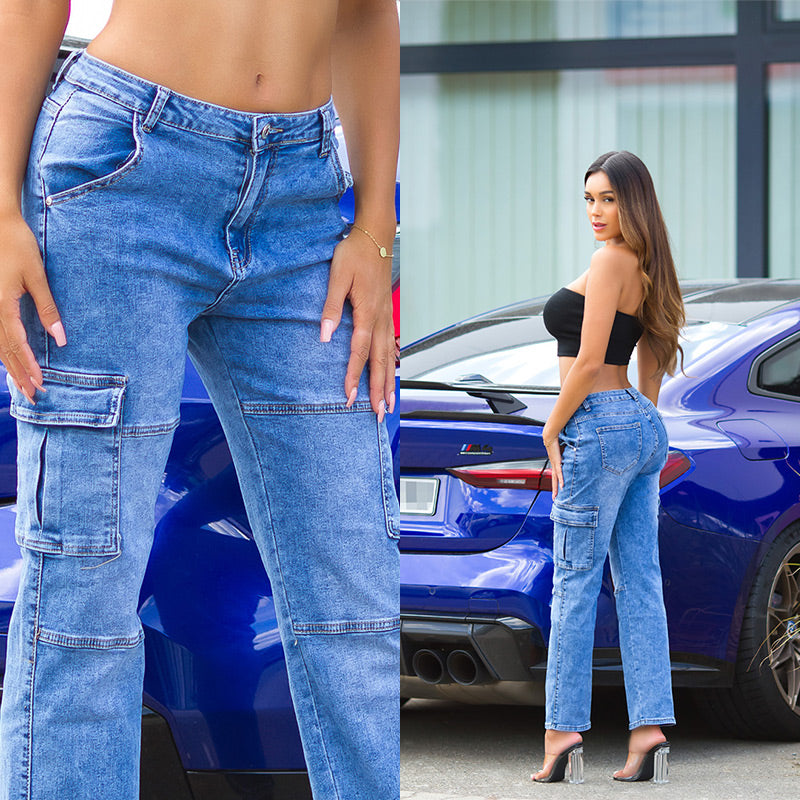 Modne jeansy cargo z niską talią