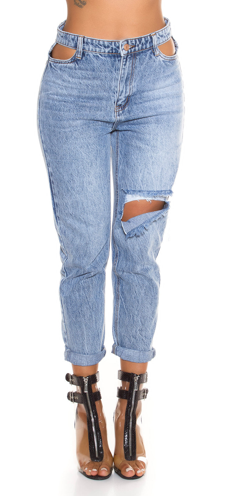 Seksowne jeansy Mom Fit z wysokim stanem i wycięciami