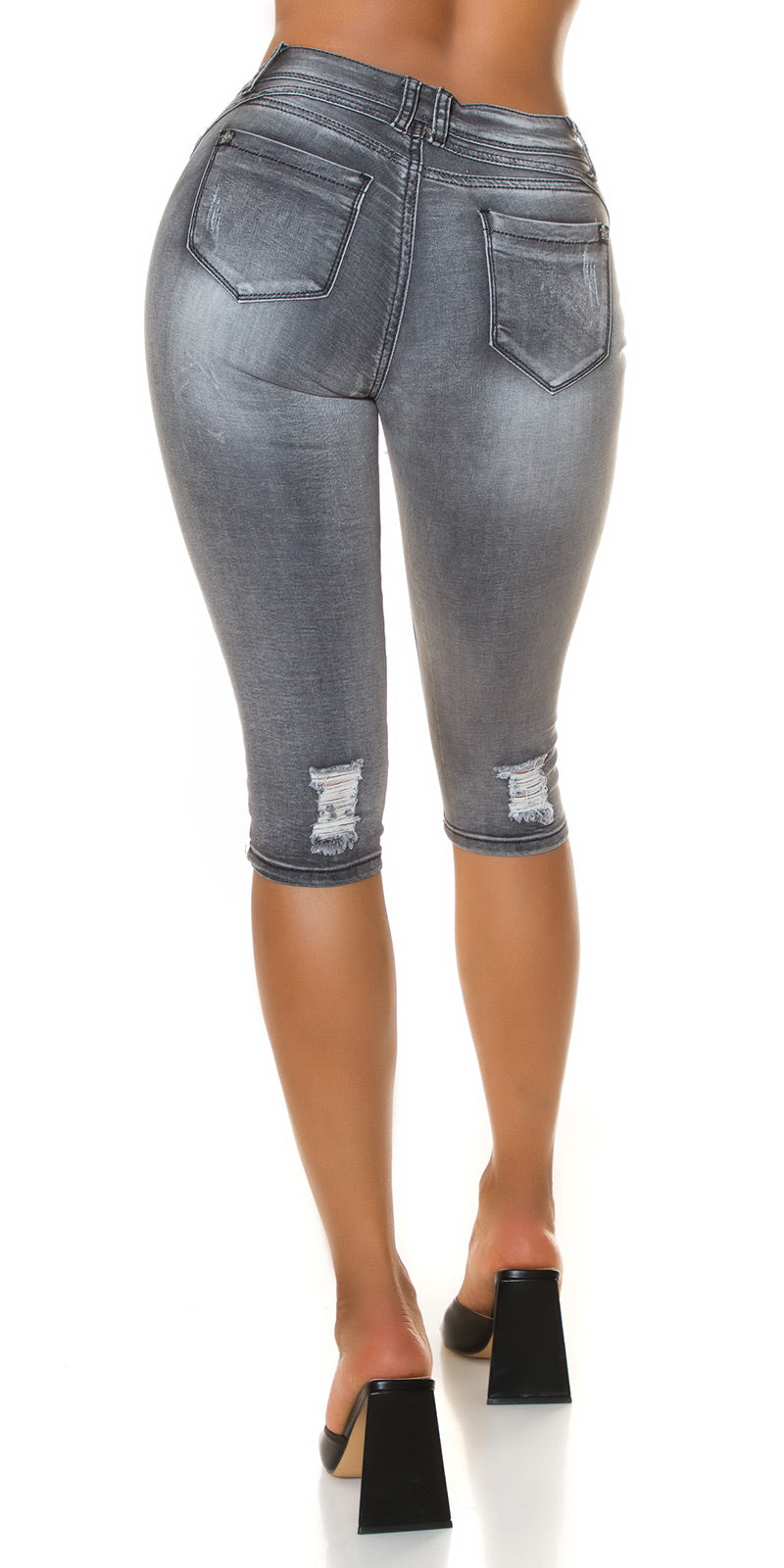 Seksowne jeansy Capri w stylu used look