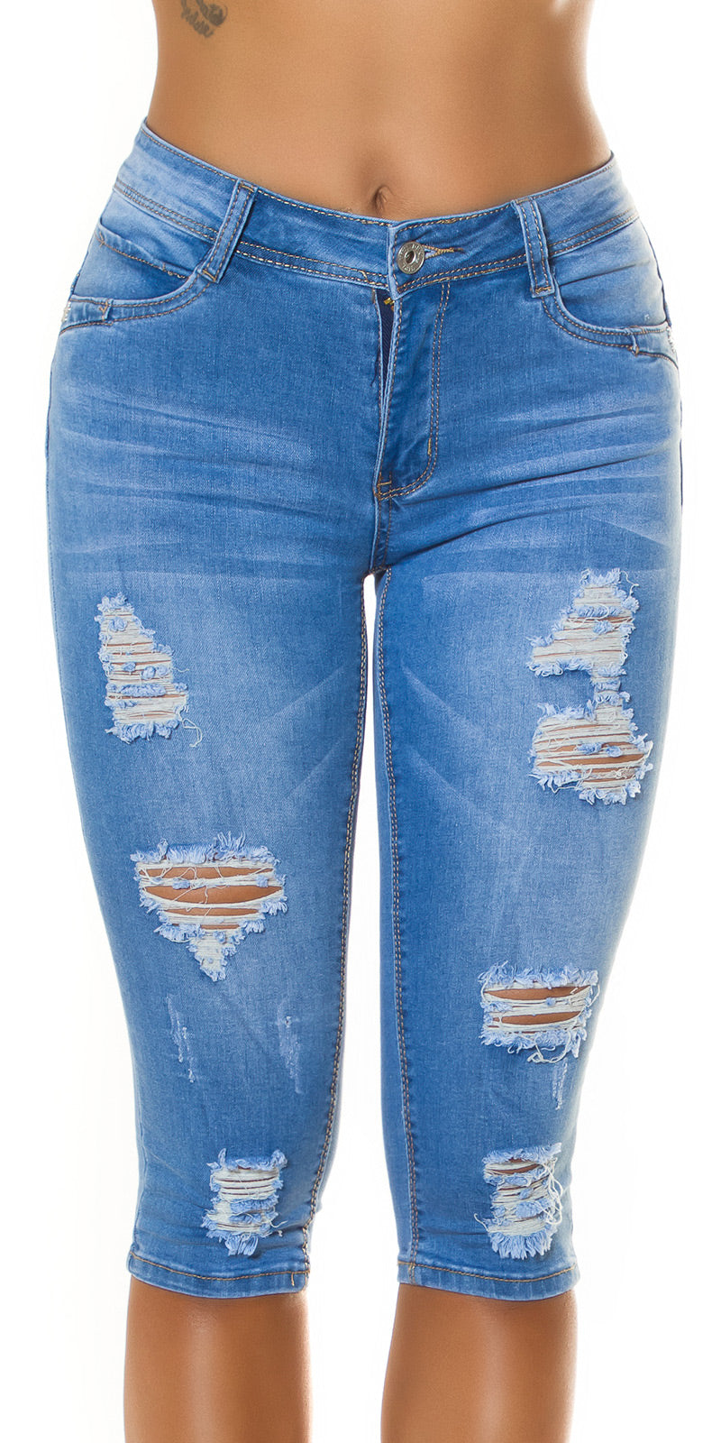 Seksowne jeansy Capri w stylu used look