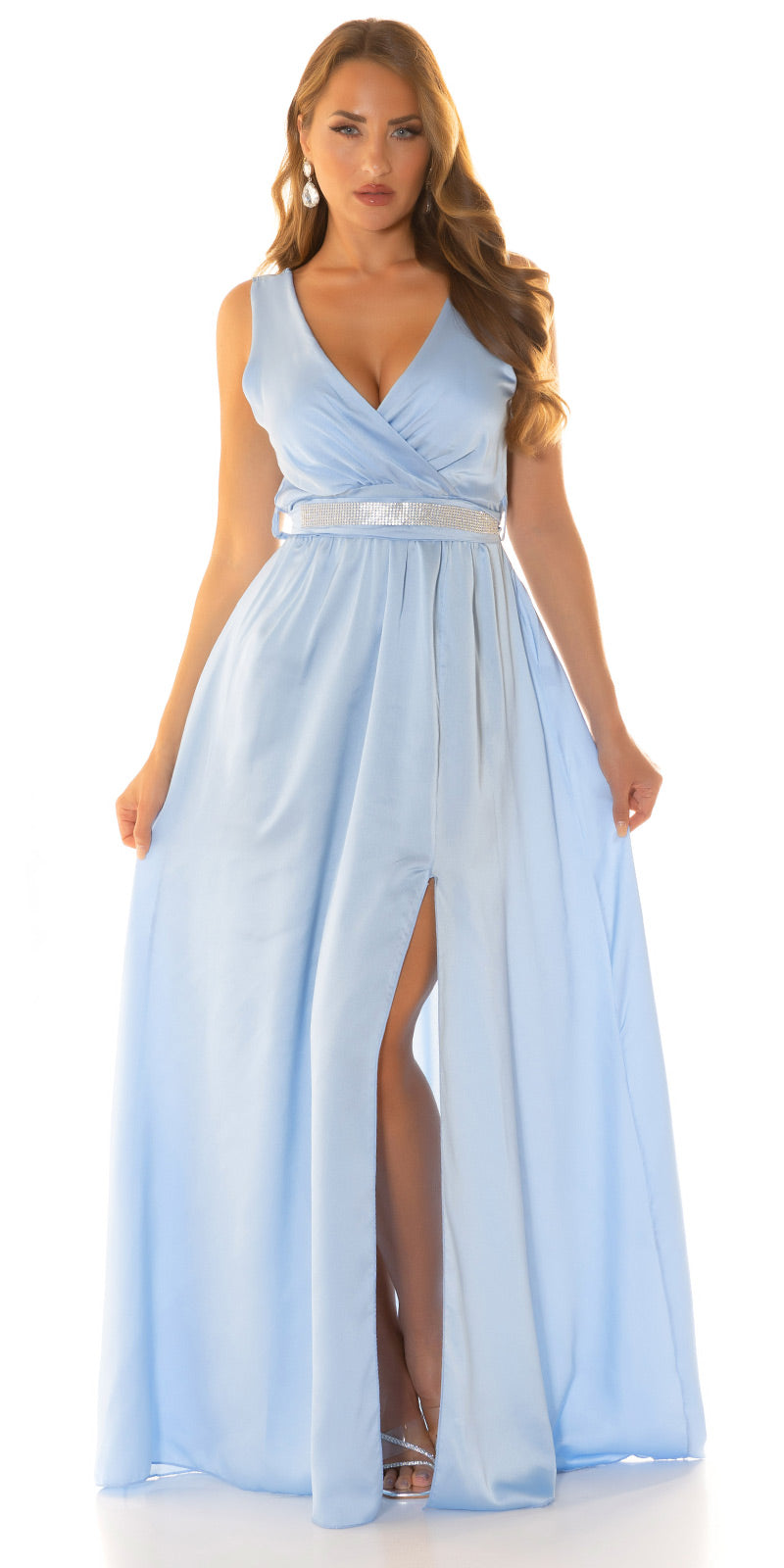 Seksowna sukienka maxi Satin Look z brokatowym paskiem