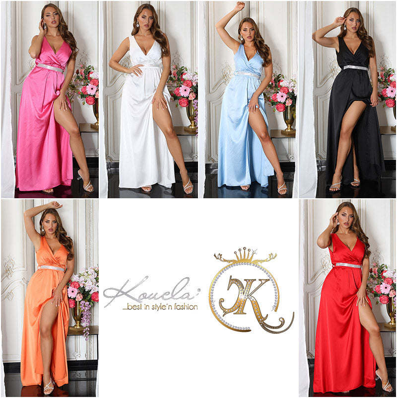 Seksowna sukienka maxi Satin Look z brokatowym paskiem
