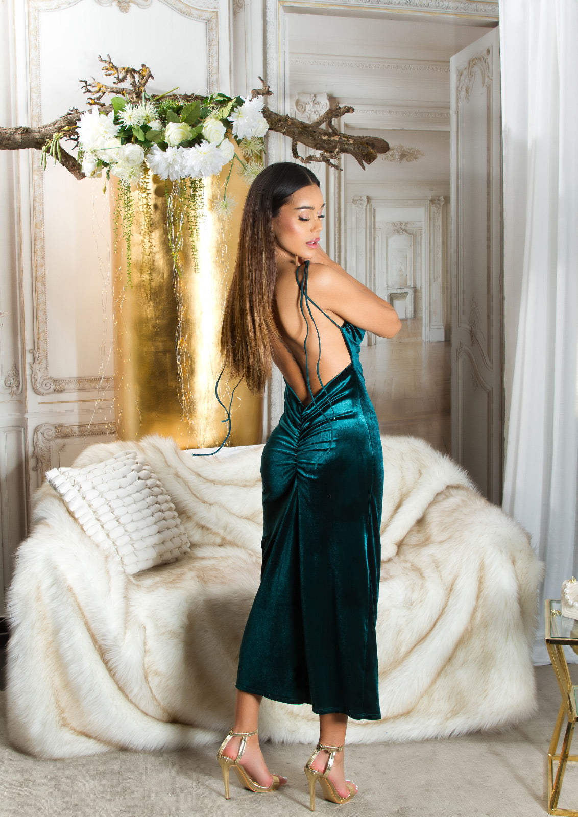 Seksowna aksamitna sukienka Maxidress z odkrytymi plecami