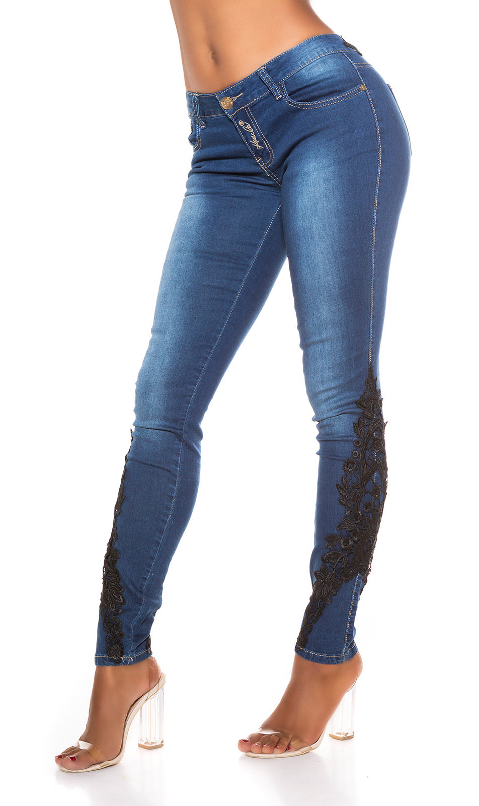 Seksowne ciemne sprane Skinny z koronką