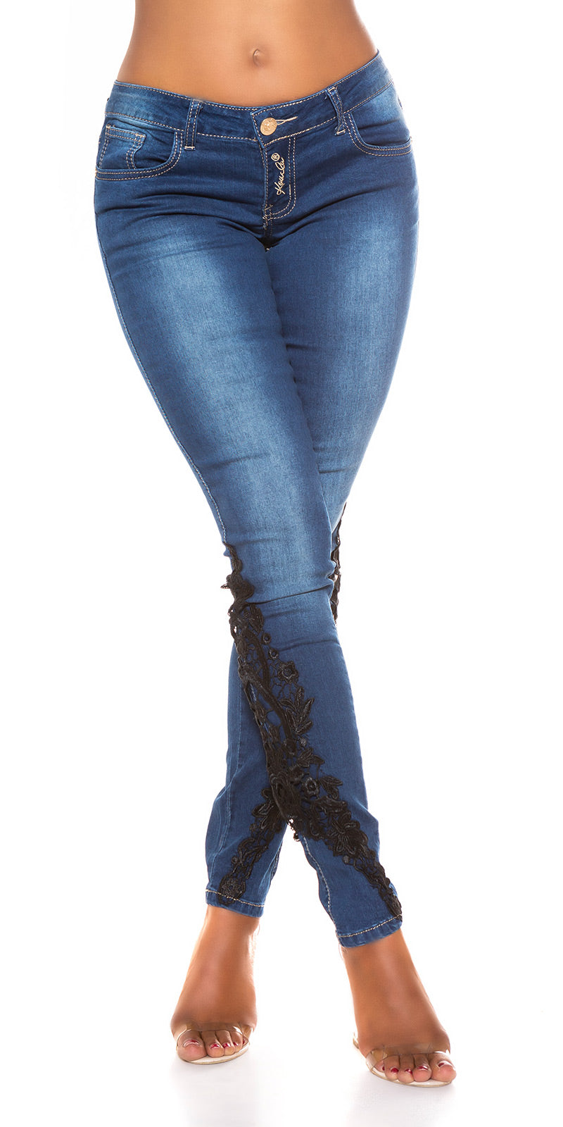 Seksowne ciemne sprane Skinny z koronką