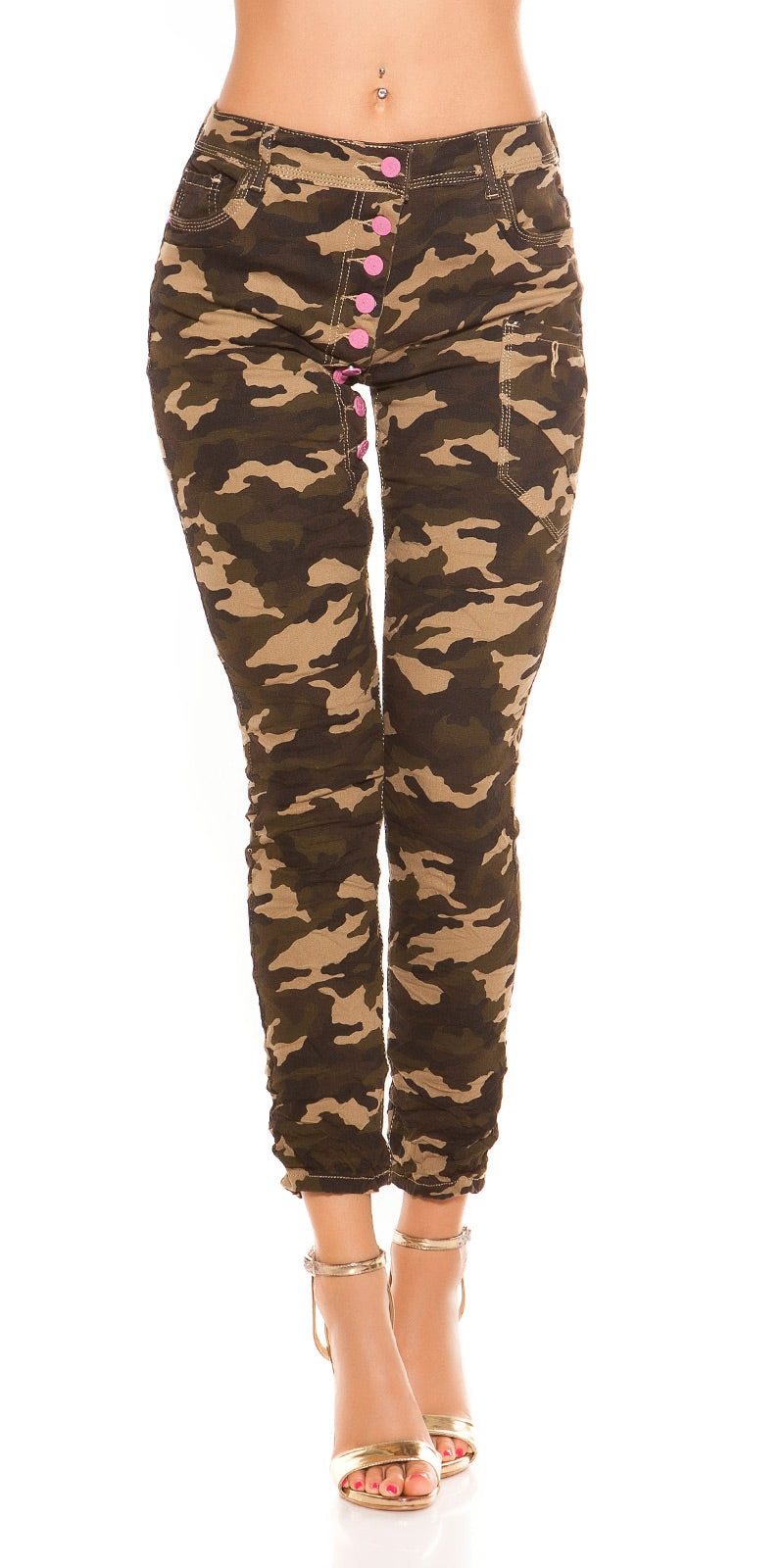 Modne wojskowe spodnie skinny z obniżonym krokiem