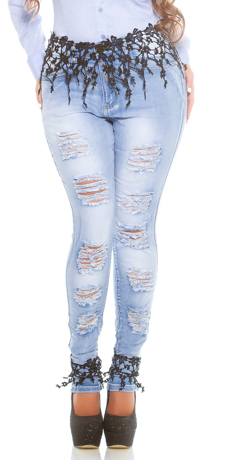 Curvy Girls! Skinny Jeans Używany wygląd + koronka