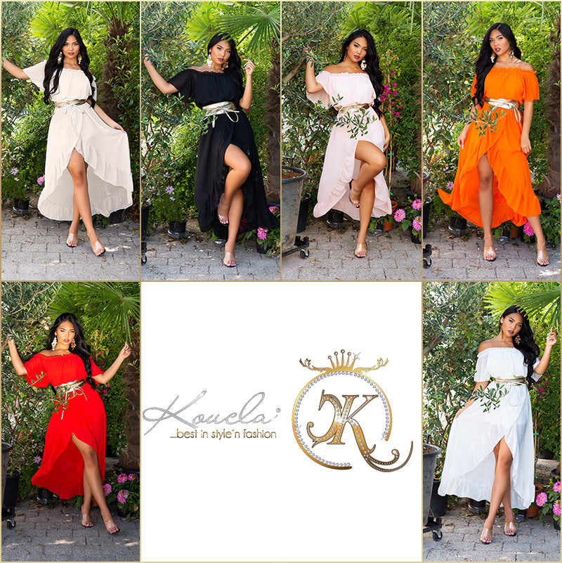 Seksowna sukienka maxidress z odkrytymi ramionami w stylu bogini