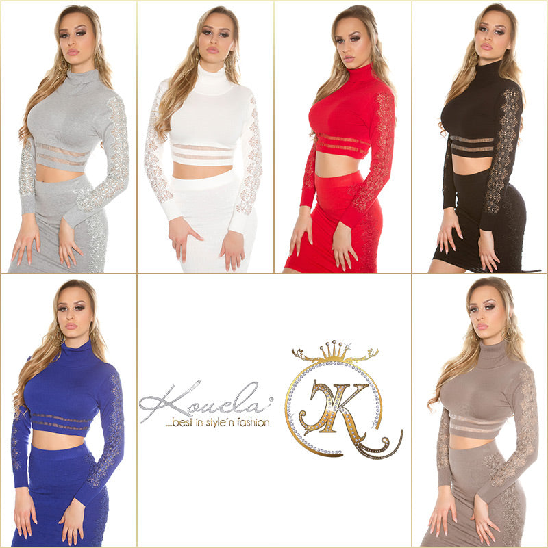 Modny sweter na brzuch z koronką