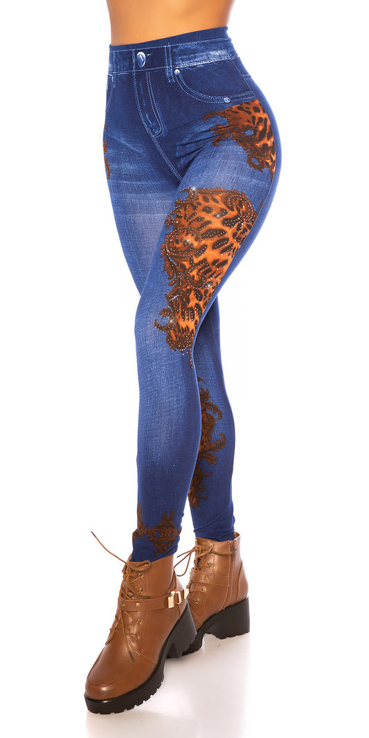 Seksowne legginsy jeansowe - wygląd z wzorem