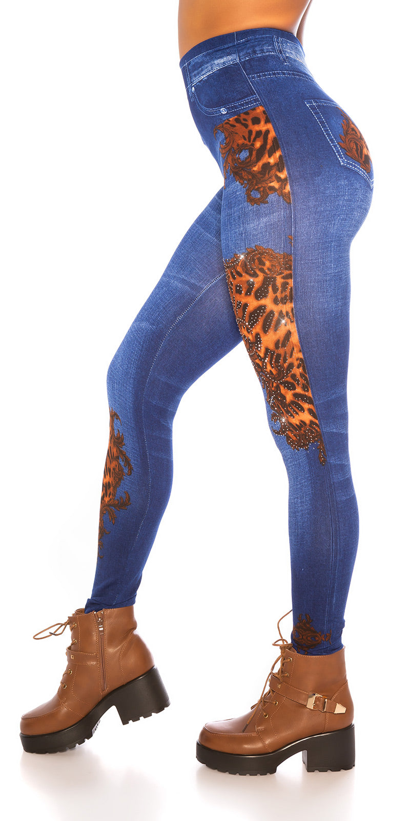 Seksowne legginsy jeansowe - wygląd z wzorem