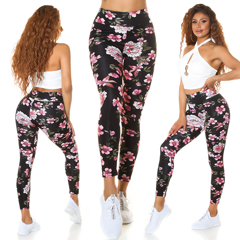Modne legginsy z wysokim stanem i kwiatowym nadrukiem