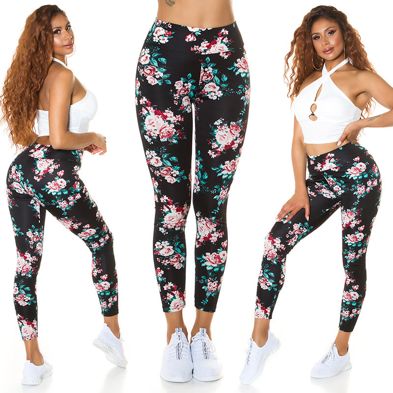 Modne legginsy z wysokim stanem i kwiatowym nadrukiem