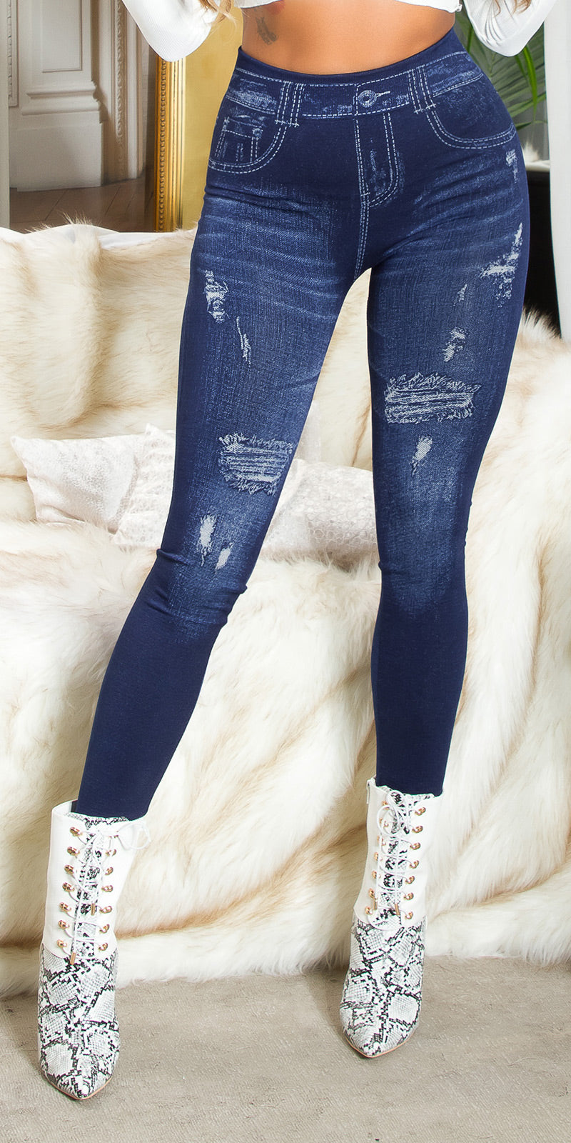 Seksowne legginsy z wysokim stanem w dżinsowym stylu