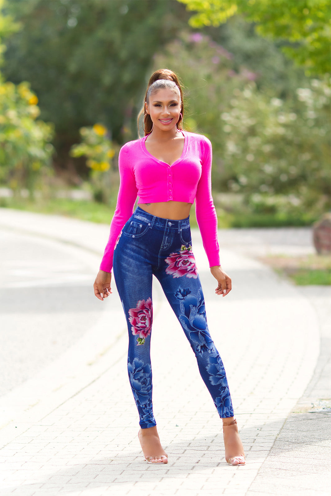 Seksowne legginsy Jeanslook z kwiatowym nadrukiem