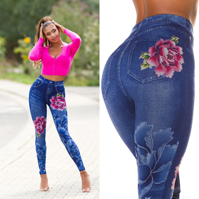 Seksowne legginsy Jeanslook z kwiatowym nadrukiem